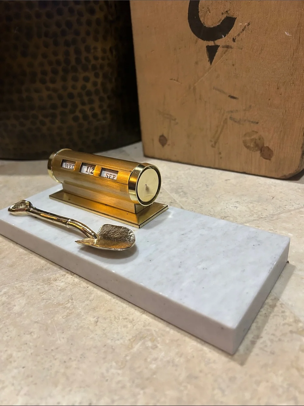 Vintage Brass Desk Perpetual Calendar with Marble Base and Shovel Accent